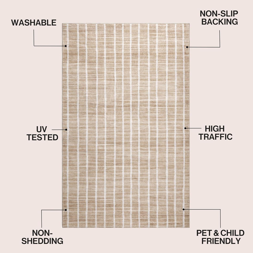 Washable Orton Distressed Ticking Stripe Machine-Washable Polyester Area Rug, Beige and Cream, Farmhouse