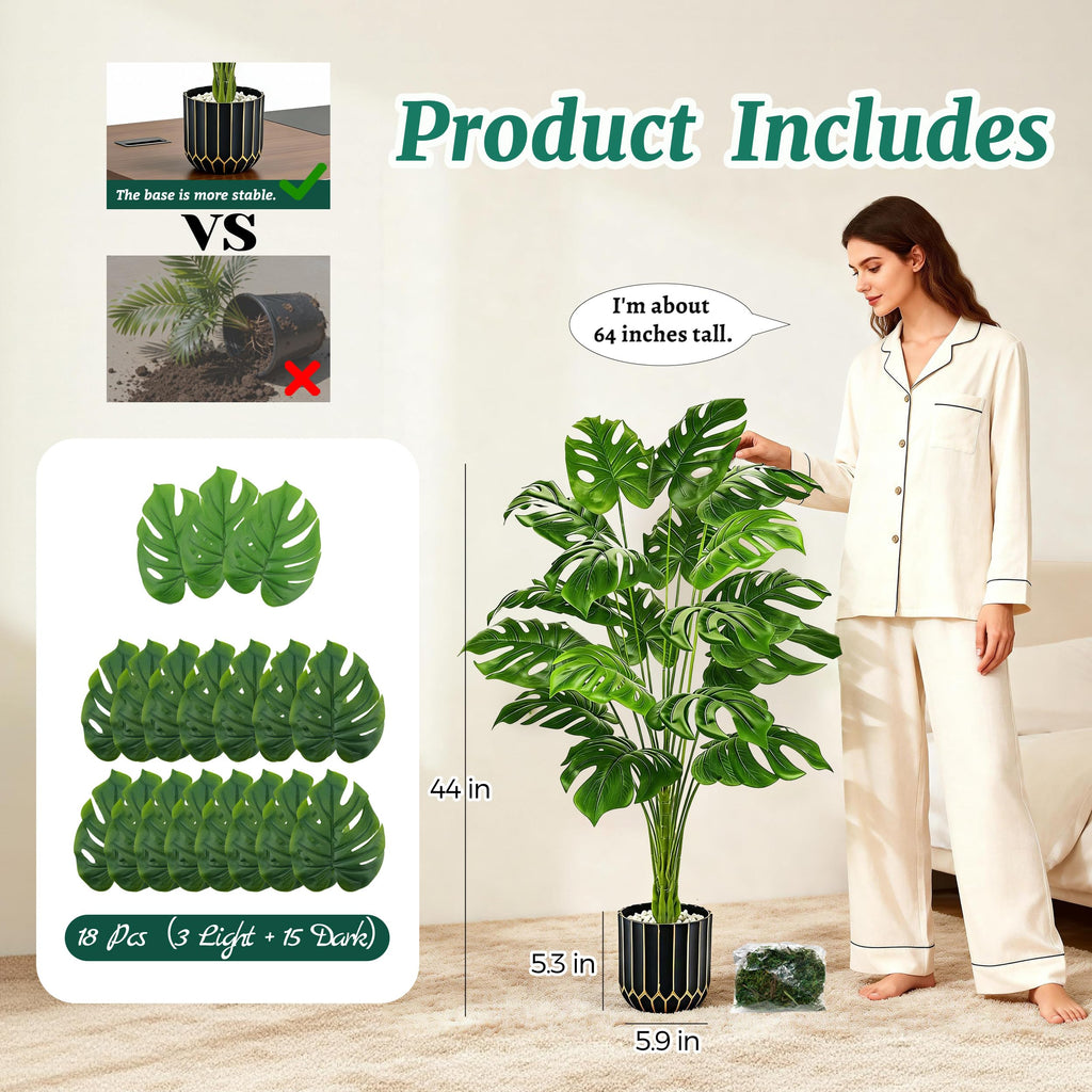44" Fake Monstera Plant, Artificial Floor Plant in Black Gold Pot