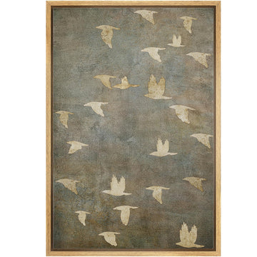 Framed Canvas Print Wall Art Grunge Gold Flying Bird Collage Nature Wilderness Illustrations Modern Art Decorative