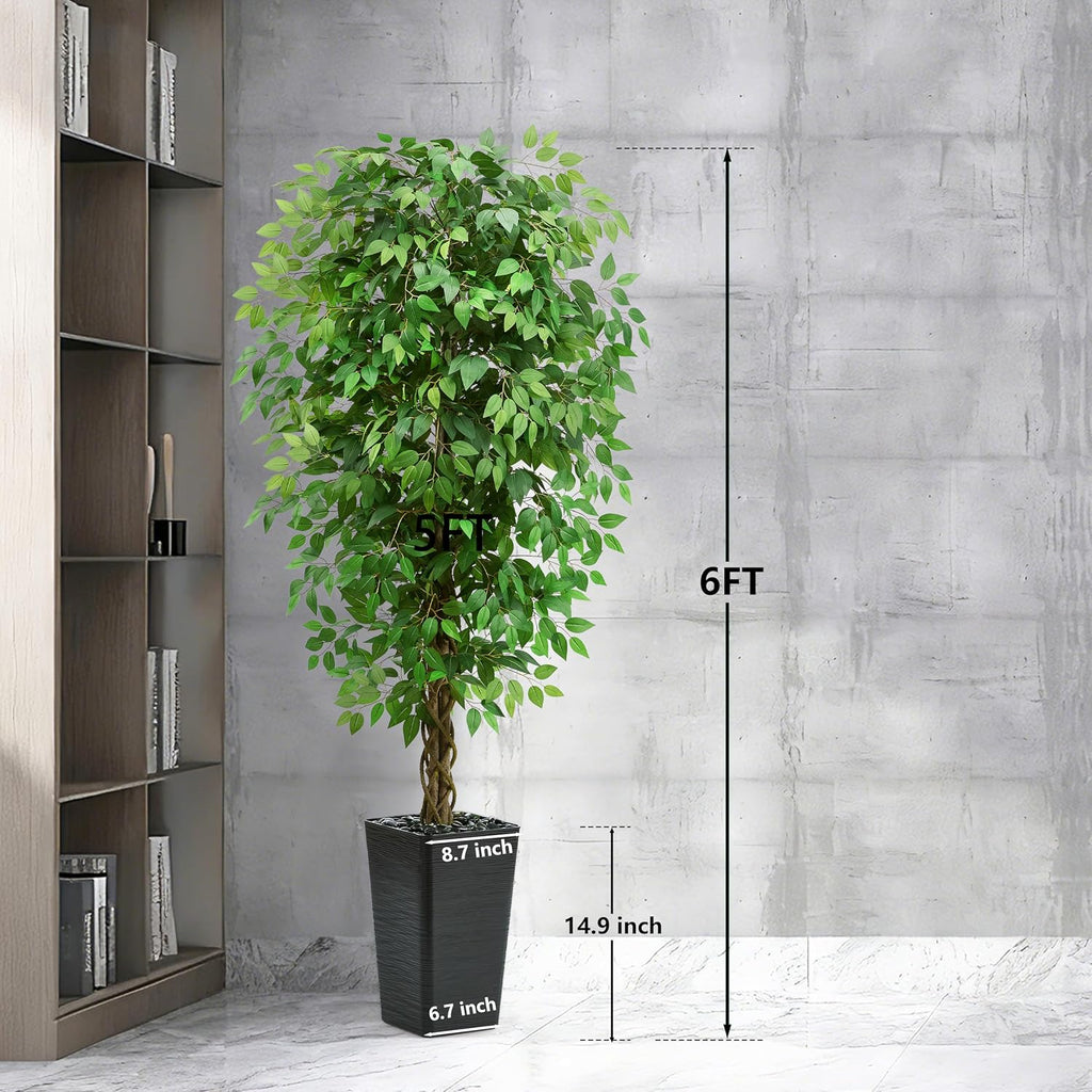 Artificial Ficus Tree 6FT Faux Floor Tree with Planter UV Resistant Potted Fake Silk Plant-Indoor Outdoor Lifelike