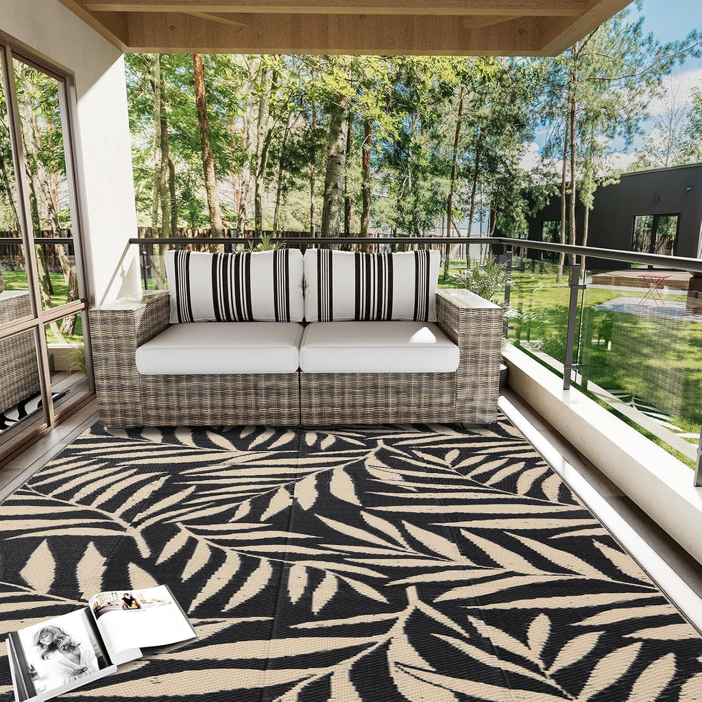 Outdoor Rug Waterproof Reversible Leaf Mat, Black & Beige