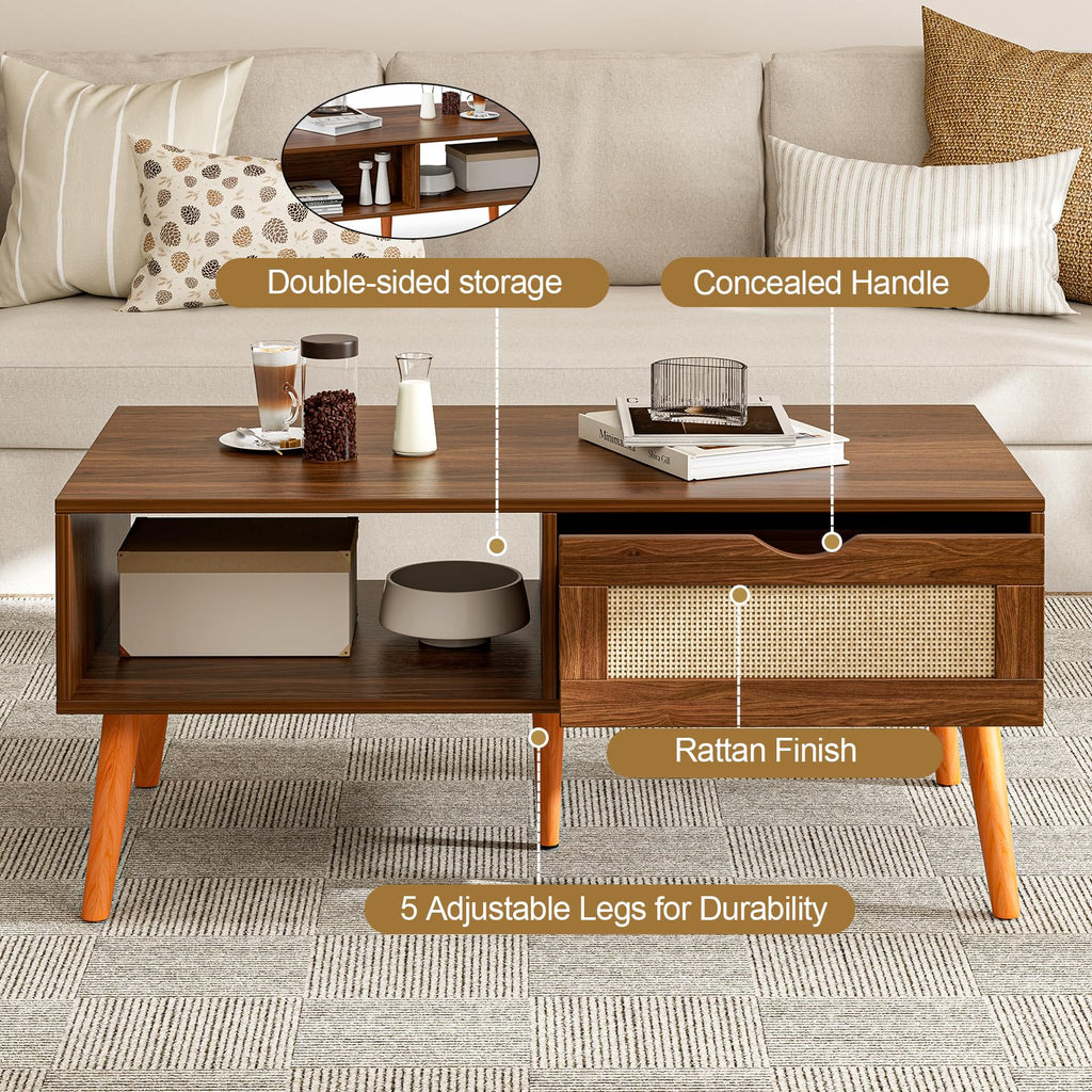 Rattan Coffee Table with Drawer, Mid-Century, Walnut