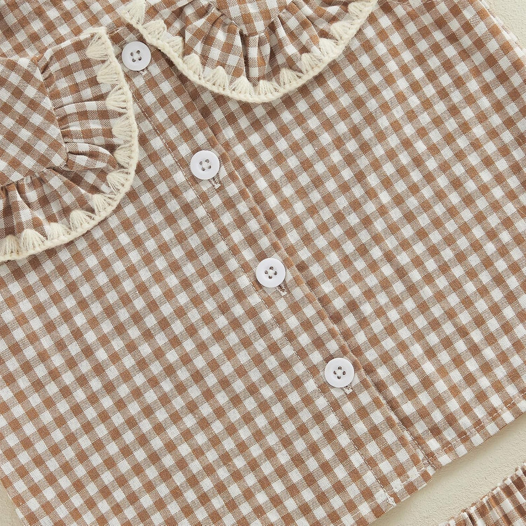 Girls Summer Outfits Ruffle Sleeve Button Up Dress Tops Plaid Linen Pants Spring Toddler Girl Clothes