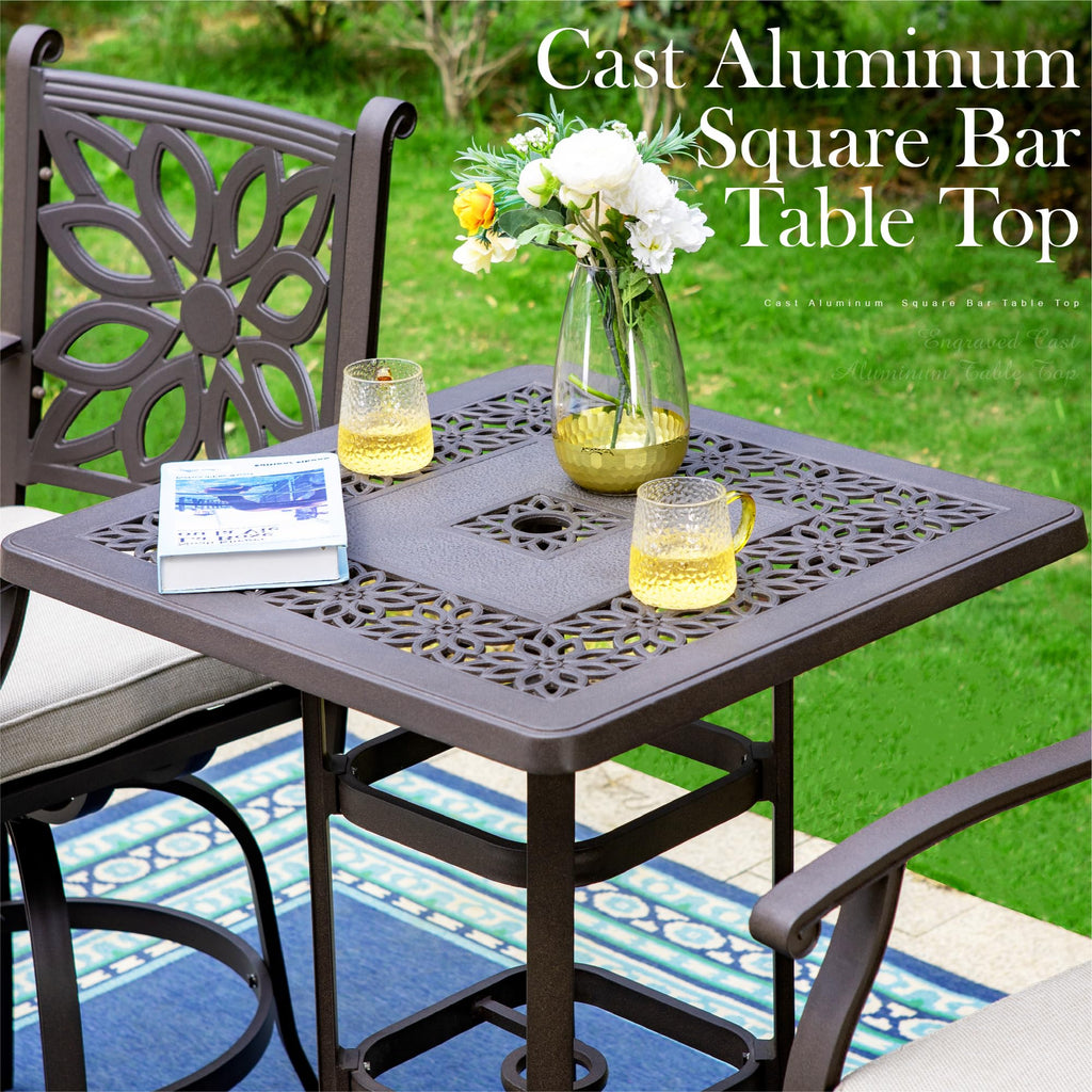 Outdoor Patio Bar Tables Cast Aluminum, 27.5" L x 27.5" W x 42" H
