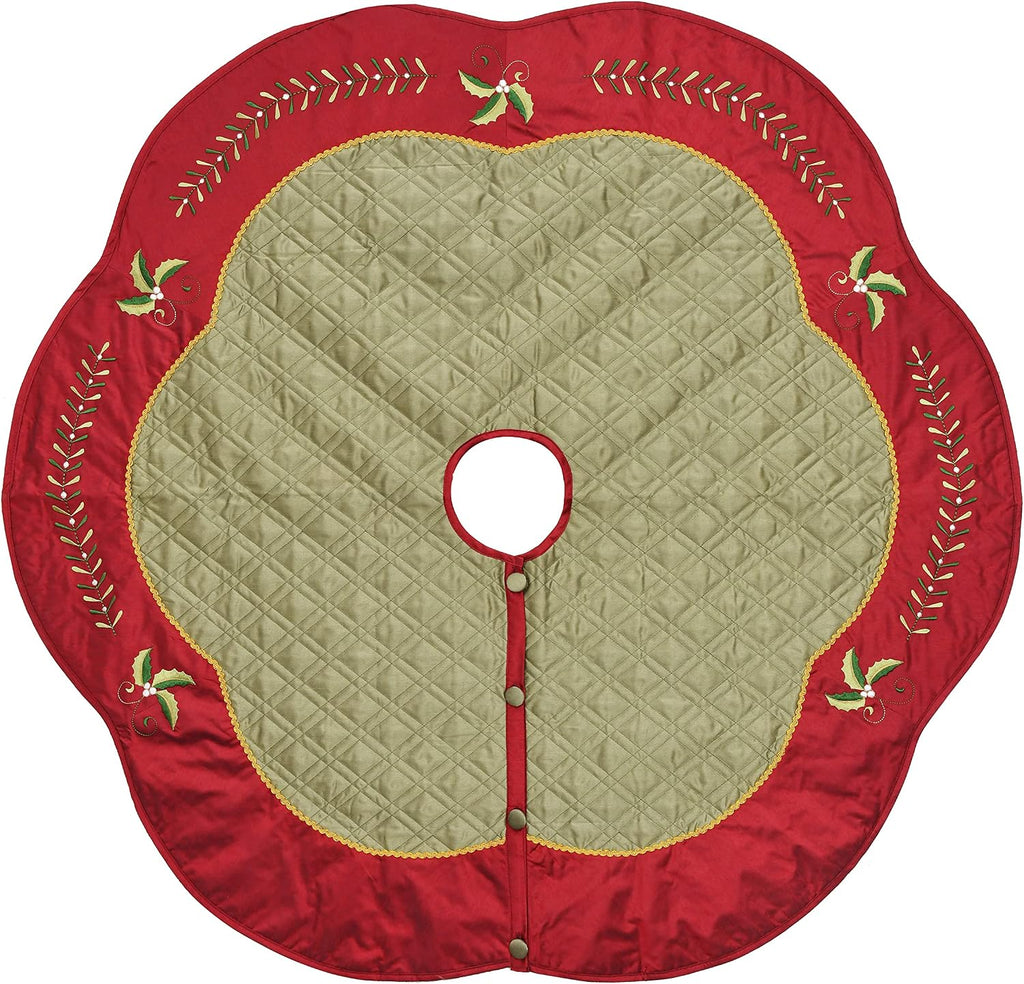 X.Sem Holly Leaf Embroidered Velvet Christmas Tree Skirt with Pleat Velvet Border 50'' (Green&red, 50 inch)