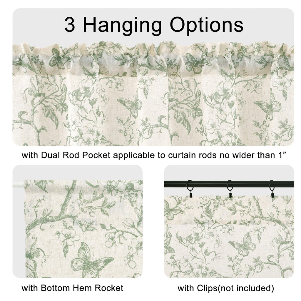 Linen Kitchen Valance, Floral Print Curtain for Small Window, Light Filtering Drapes for Farmhouse Window Decor, Rod