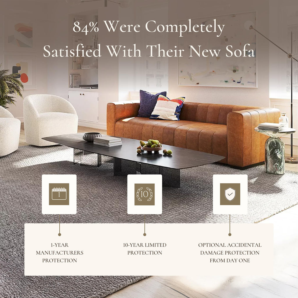 Canale Sofa - 86" Channel-Tufted Italian Leather Couch - Cognac Tan Full-Grain Pure-Aniline or Semi-Aniline Leather