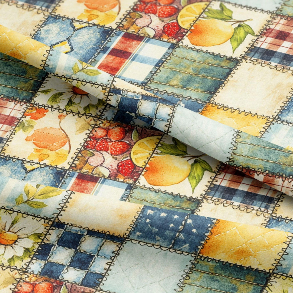 Patchwork Cotton Fabric Panel 61 x 36.6 Inches, Lemon Fruit Quilt Style Pattern, Rustic Blue Yellow Design, 100%