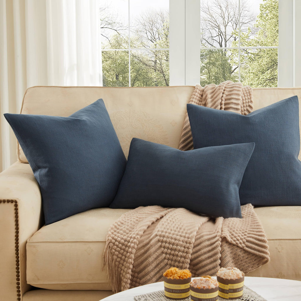 Rustic Linen Throw Pillow Covers Set of 2, Navy 24x24in