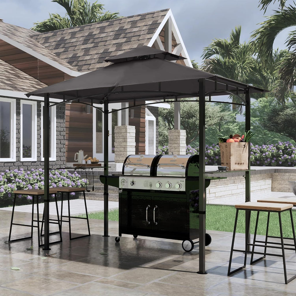 8'x 5' Grill Gazebo Double Tiered Outdoor BBQ Gazebo Canopy with LED Light (Gray)