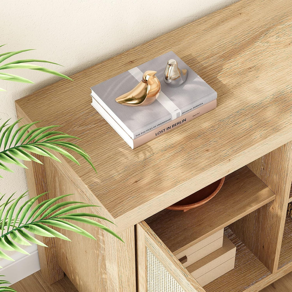 Rattan TV Stand for 75 inch, Boho Entertainment Center with Adjustable Shelves, Natural Oak TV & Media Cabinet 2-Tier