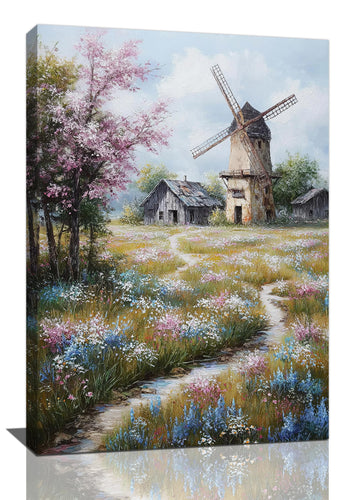 Farmhouse Windmill Wall Art Rustic Canvas Print Pictures Country Landscape Barn Painting Artwork Framed Decoration