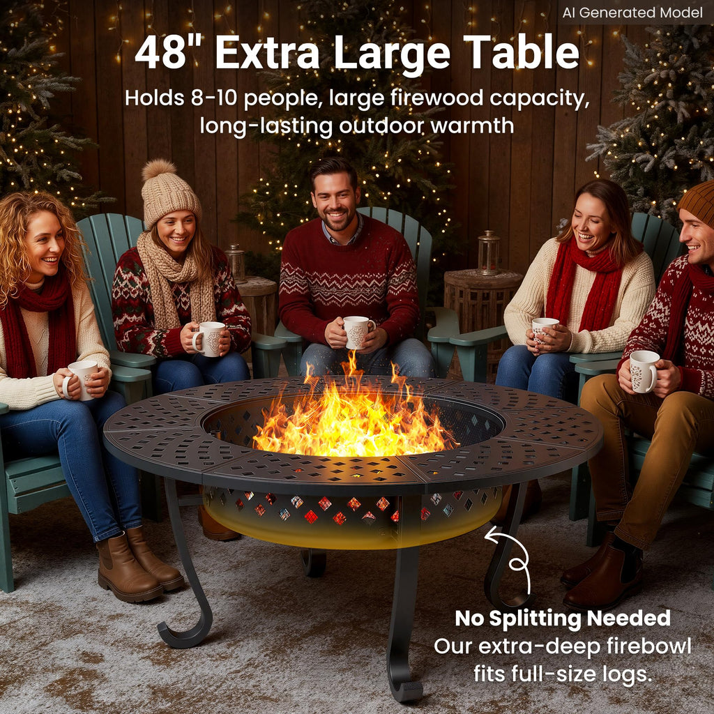 48" Large Fire Pit for Outside with 2 Adjustable Grills, Lid & Fire Poker