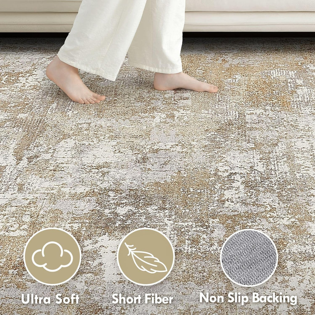 Washable 10x14 Area Rug for Living Room: Modern Abstract Neutral Large Soft Thin Rugs - Non Slip Ind