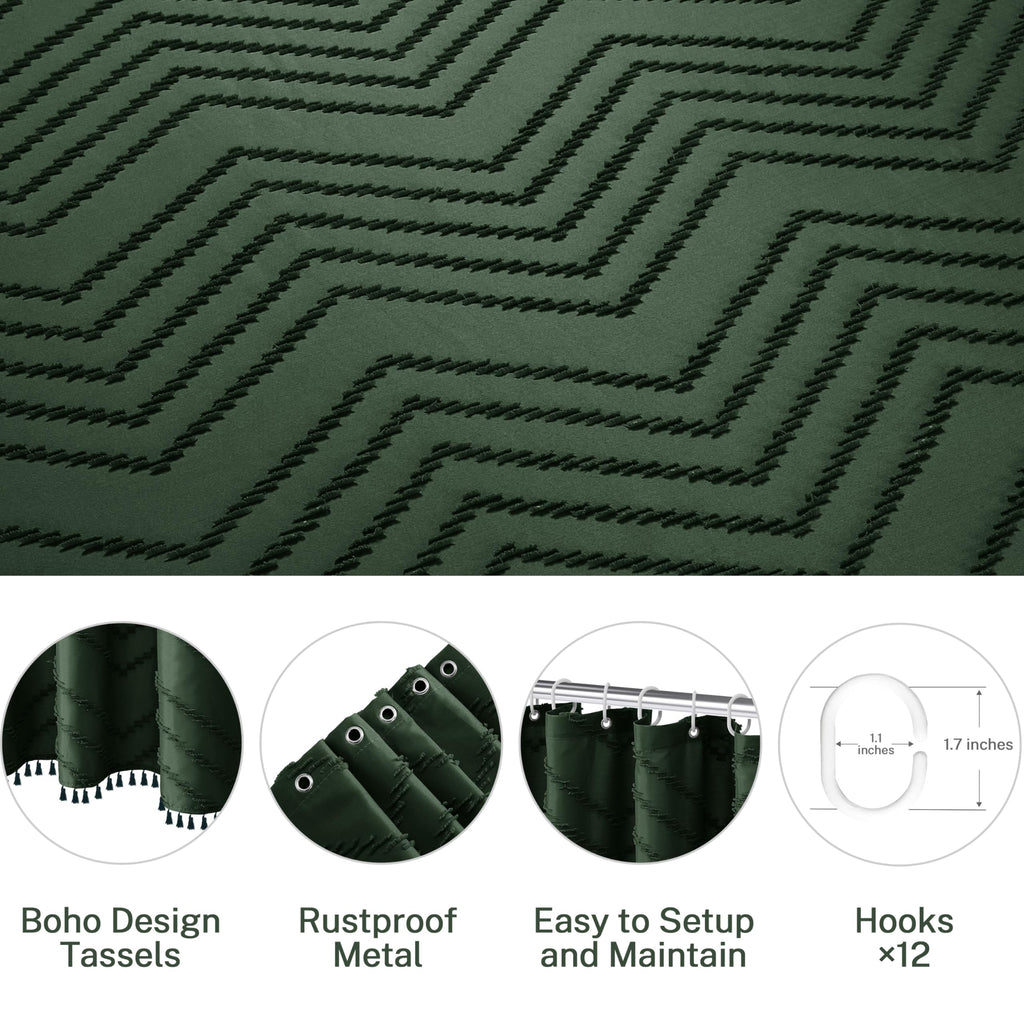 Extra Long Dark Green Boho Shower Curtain with Tassel, Woven Fabric 96 in Shower Curtain, Tufted Chevron Striped, 72