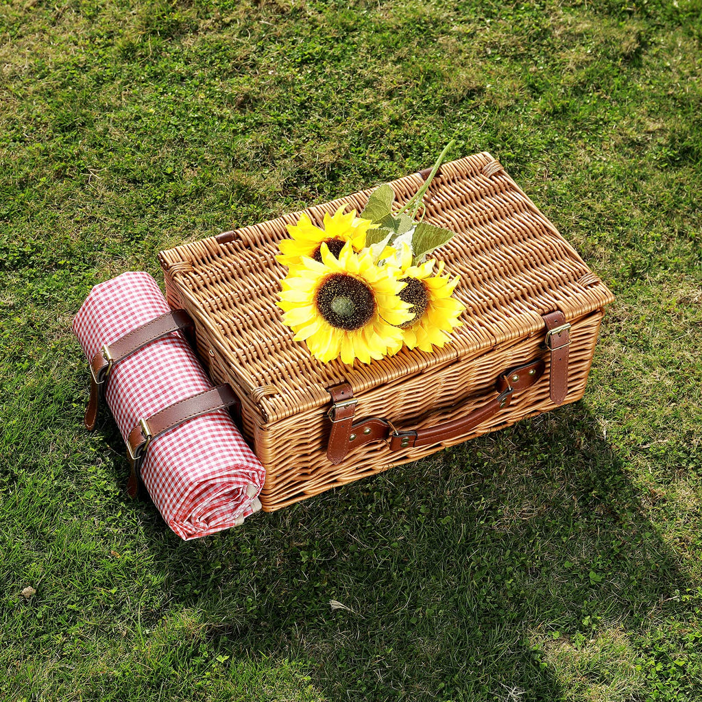 Red Plaid Wicker Picnic Basket for 4 with Waterproof Blanket