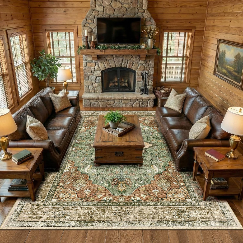 Area Rugs Large 9'x12' Washable Non-Slip, Floral Vintage Distress Medallion Carpet for Living Room B