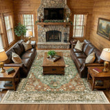 Area Rugs Large 9'x12' Washable Non-Slip, Floral Vintage Distress Medallion Carpet for Living Room B