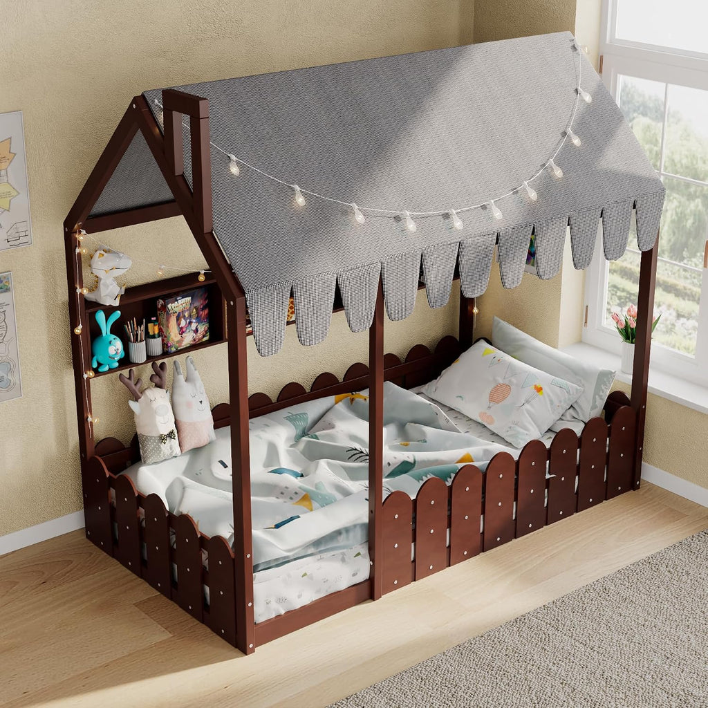 Kids Wood Floor House Bed with Fence and Storge Shelves