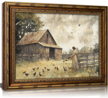 Vintage Gold Framed Farm Wall Art, Antique Girl Feeding Chickens Oli Painting Canvas Print, Retro Country Cottage