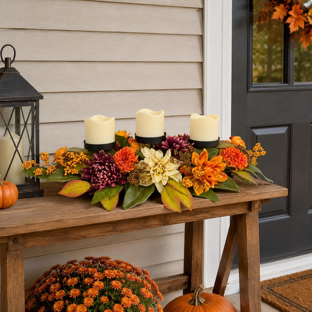 25 Inch Fall 3 Candle Holder Centerpiece with Dahlias and Mums