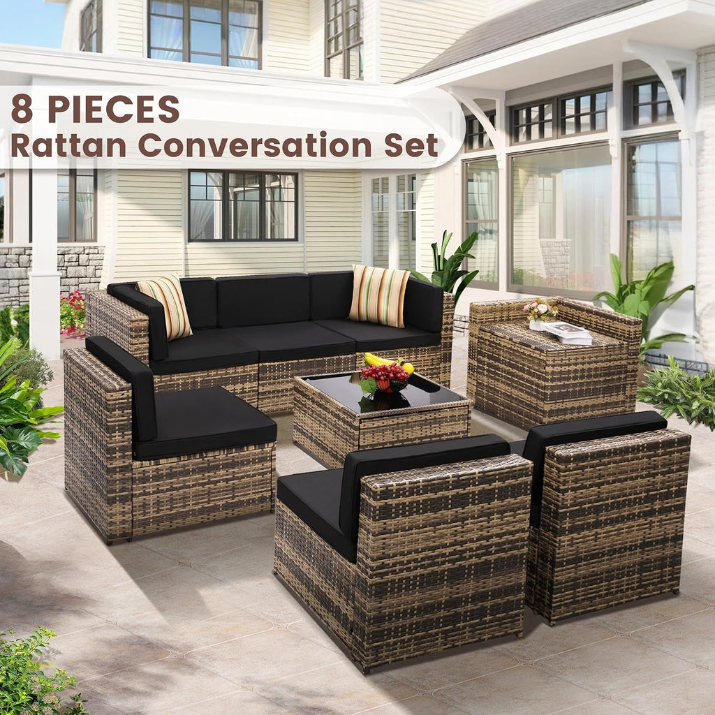 8 Piece Patio Furniture Set, Outdoor Modular Conversation Set | UV Treated Wickers, Machine Washable Cushions, Seats