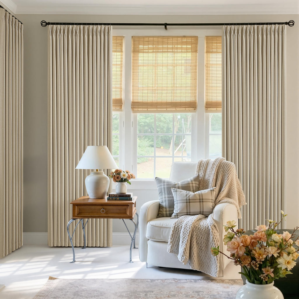 Oatmeal 120 Inch Blackout Pinch Pleated Curtains 2 Panel Set Darkening Thick Linen Textured 100% Black Out Soundproof
