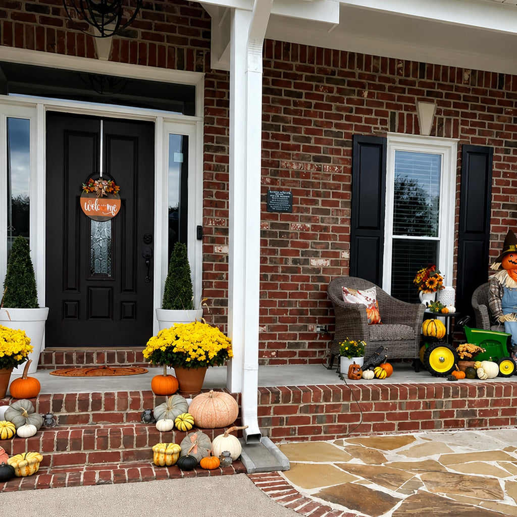 Fall Door Sign for Front Door, Wooden Welcome Hanger with Pumpkin Design, Plaid Bow and Autumn Leaves, Porch Entry