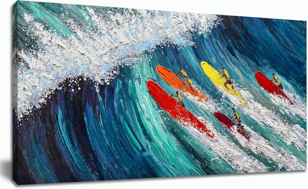 Coastal Canvas Wall Art Large Blue Beach Hand Painted Oil Painting Ocean Wave Wall Art Colorful Surfer Artwork
