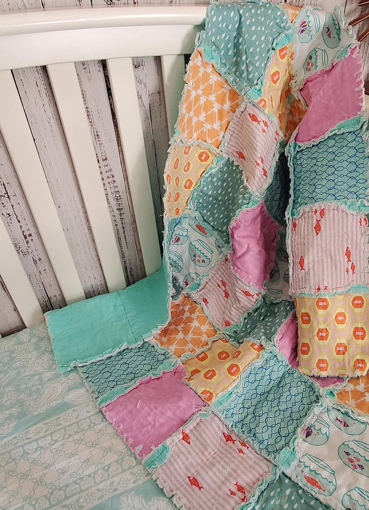 SALE Patchwork Quilt, Quilt, Rag Quilt, Pink and Aqua Fish Crib Bedding, Rag Quilt, Ocean, Baby Bedding, Baby Girl