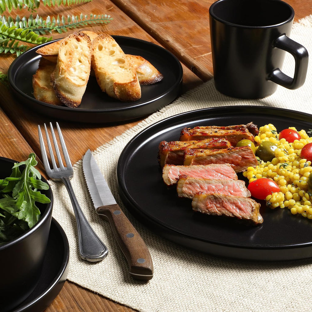 Bowery 32 Piece Matte Black Stoneware Dinnerware Plates, Bowls, and Mugs Set - Service for 8