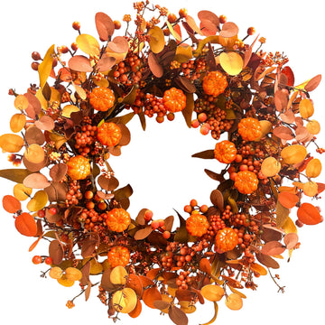 Fall Wreath 22 Inch Fall Wreaths for Front Door Autumn Pumpkin Wreaths with Orange Eucalyptus Leaves and Berries for