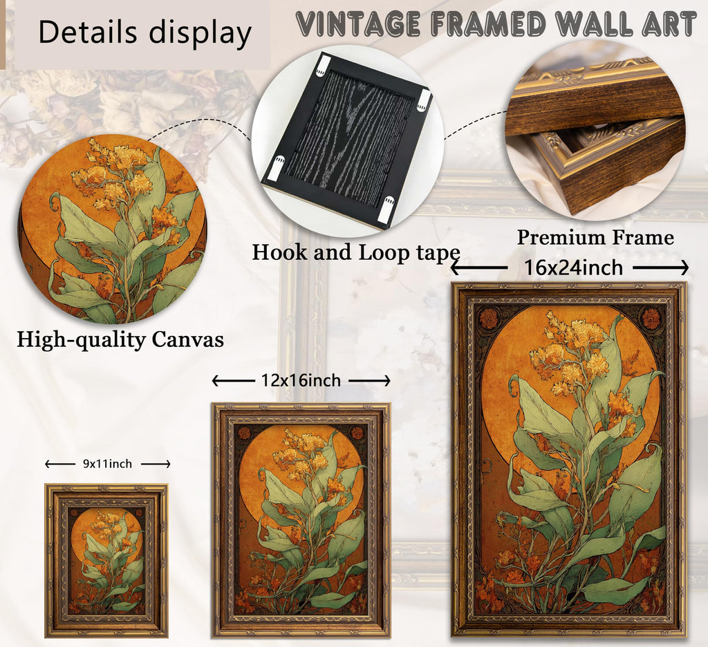Vintage Gold Framed, Art Nouveau Botanical Floral Canvas Wall Art