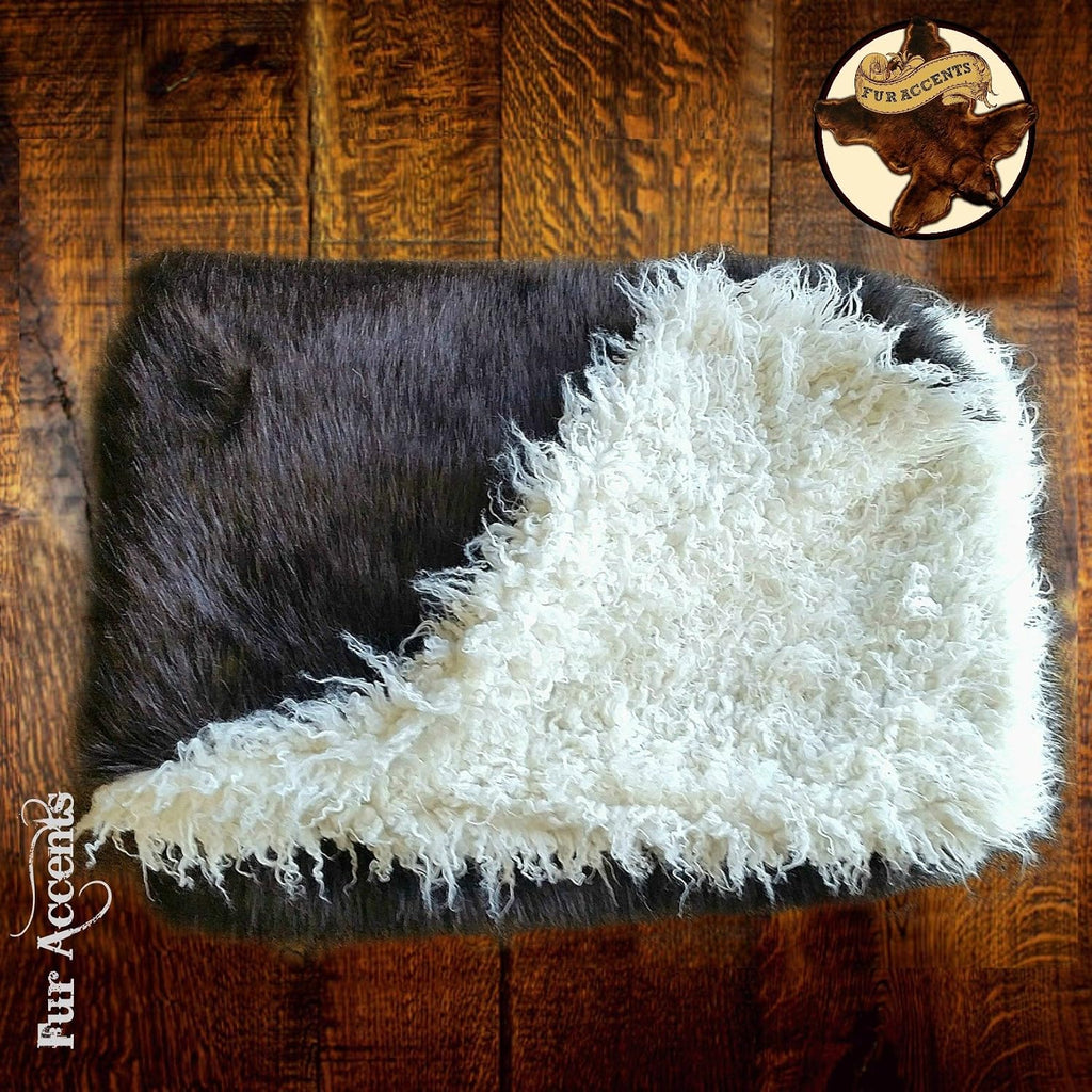 Thick Plush Brown and Ivory Long Hair Mongolian Sheepskin - Llama - Reversible - Shaggy Faux Fur Throw Blanket