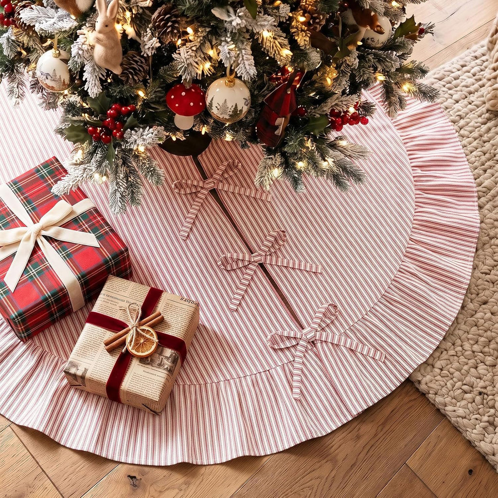 Christmas Tree Skirt Large, 72 Inch Red Pinstripe Ruffle