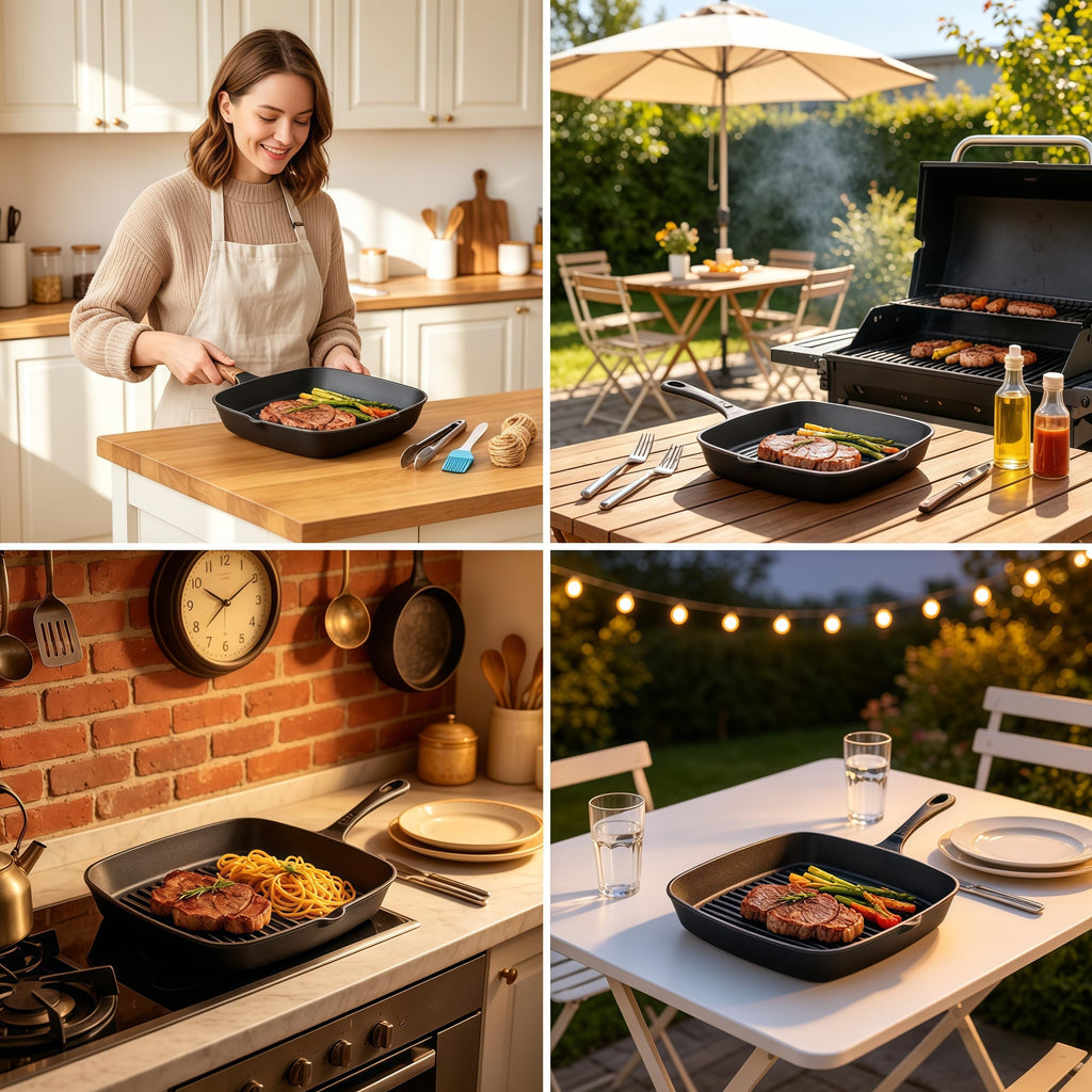 Cast Iron Grill Pan, 9.5" Square Griddle Skillet with Pour Spout, Oven Safe