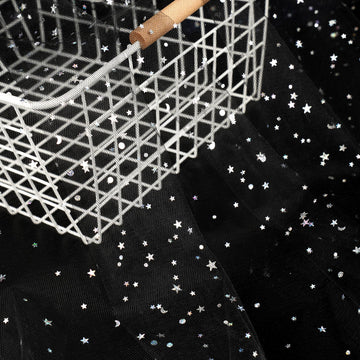 59 Inch x 8 Yard Silver Stars and Moon Tulle Fabric Black