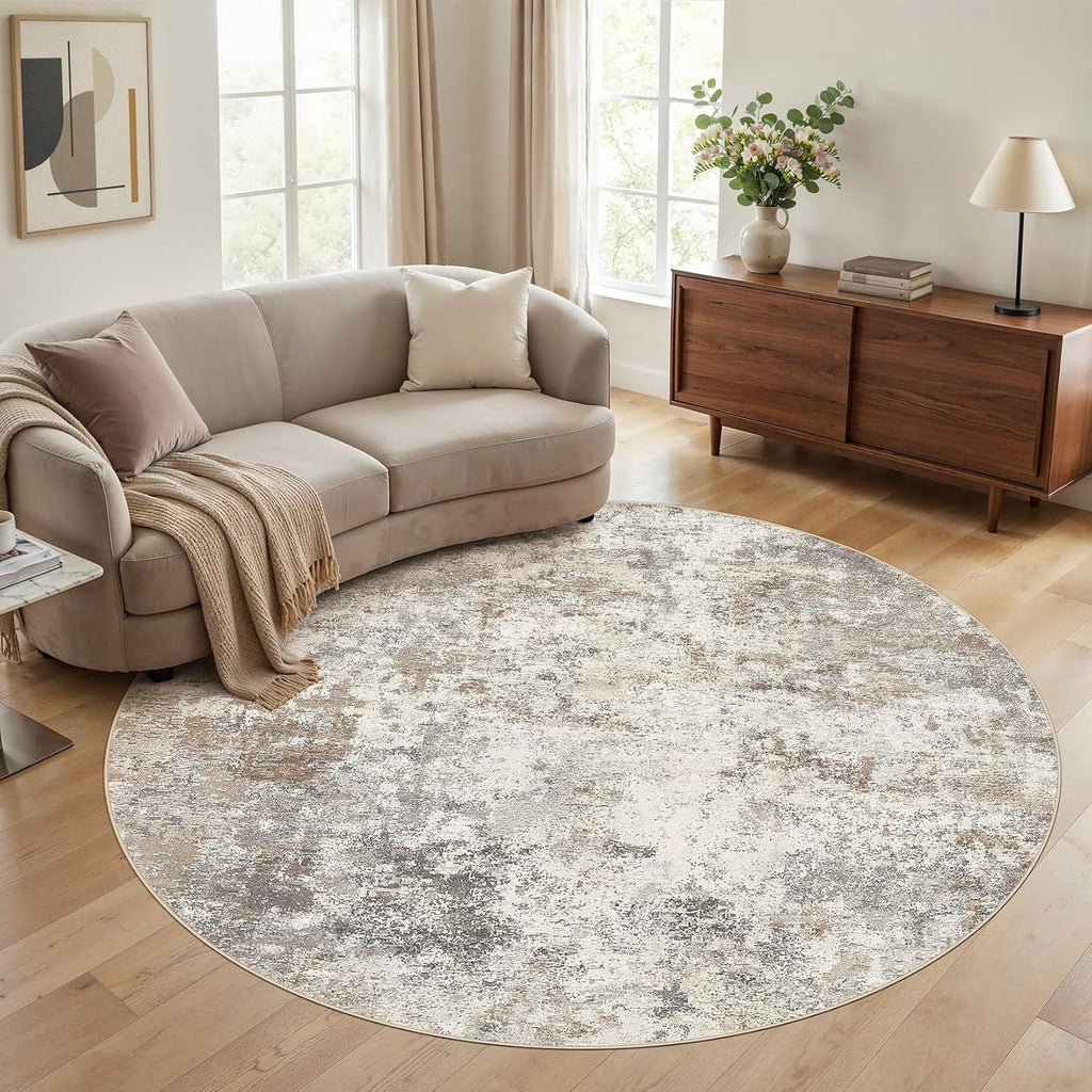 8ft Round Area Rug Living Room Rugs - 8x8 Washable Neutral Modern Abstract Soft Thin Rug Indoor Floo