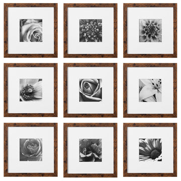 10x10 Picture Frames Set of 9 Classic Gallery Wall Frame Set Displays 5x5 Photo with Mat or 10x10 without Mat, Square