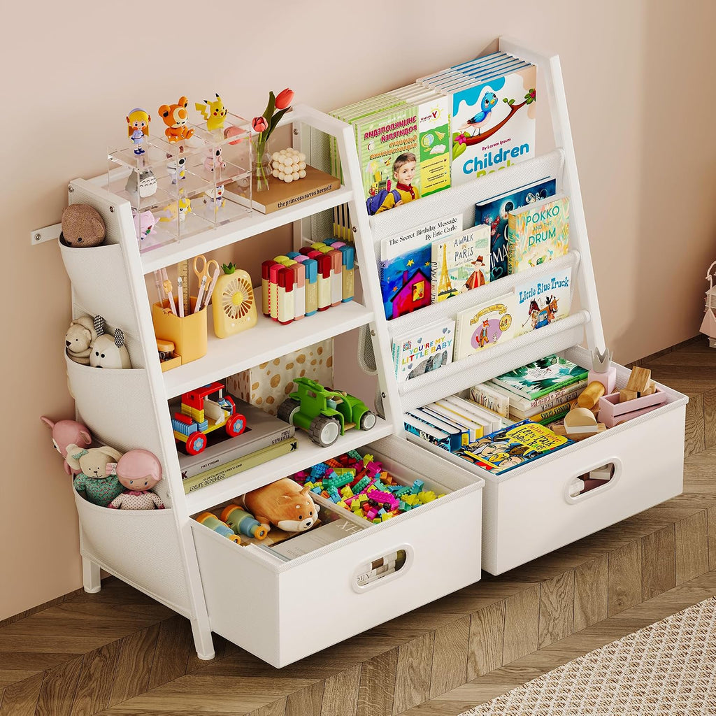 Kids Bookshelf and Toy Storage Organizer, 3 Tier Kids Bookcase, Sling Bookshelf and 2 Toy Bins with Toy Storage