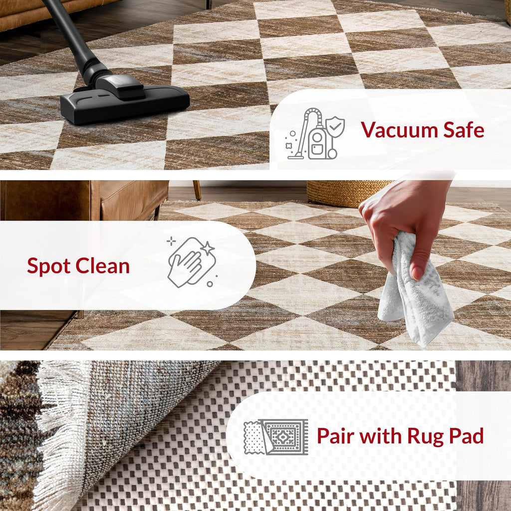 Fringed Performance Meline Beige/Blue/Ivory, Checkered, Soft and Cozy, High Traffic, Stain Resistant