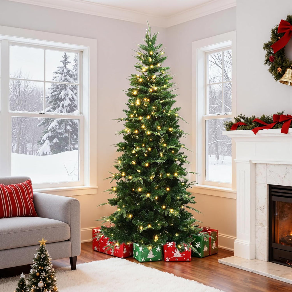LuxenHome Slim Christmas Tree, Prelit Skinny Artificial Christmas Tree
