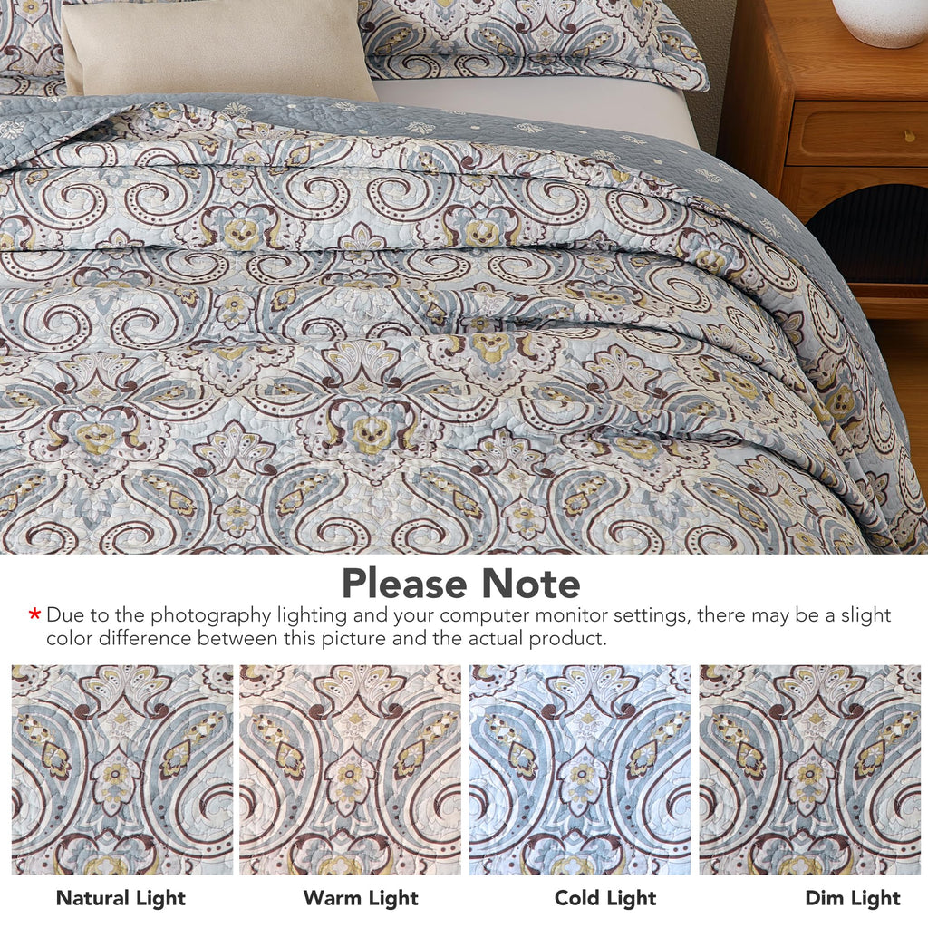 Paisley Quilt Set - 100% Cotton Bedding Blue/Gray/Taupe 3Pcs