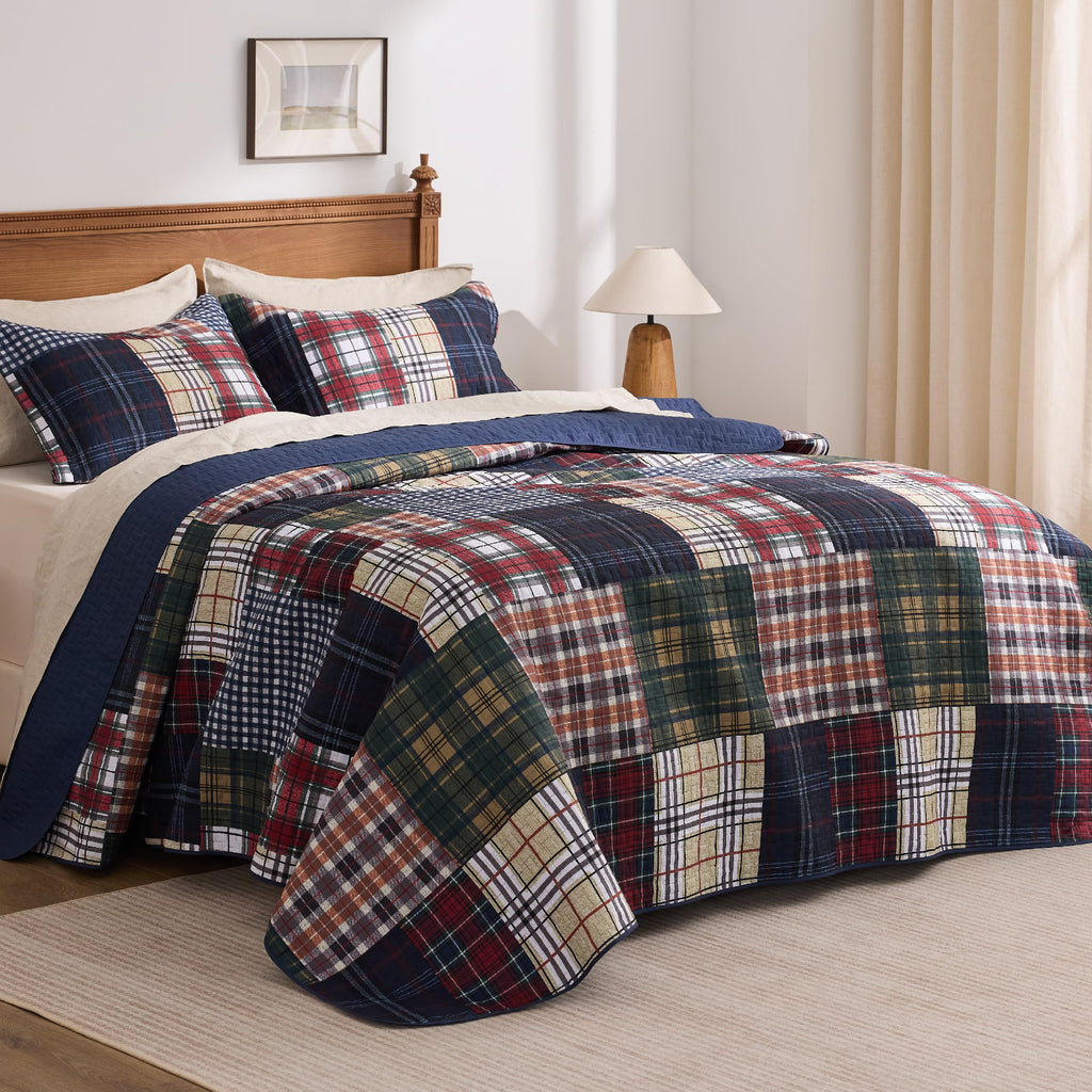 Patchwork Quilt Bedding Set, Plaid Lightweight Reversible Bedspread Coverlet, 3-Piece Bed Cover Quilt with 2