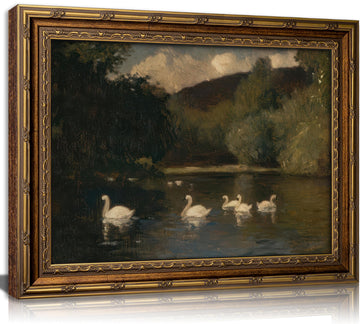 Vintage Gold Framed Swan Wall Art, Dark Moody Swans Lake Landscape Oli Painting Canvas Print, Antique Wildlife Bird