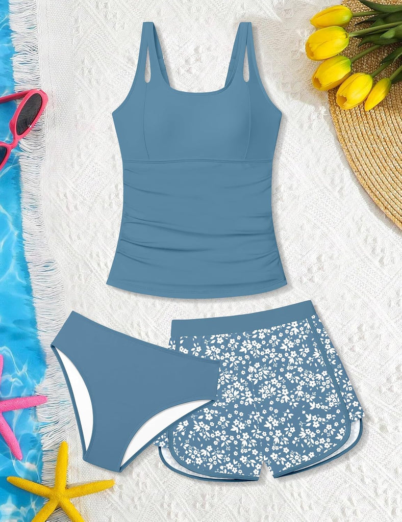 Girls Tankini Swimsuit 3 Piece Bathing Suits for Girl Square Collar Tankinis Set Girls' Swimwear with Print Shorts