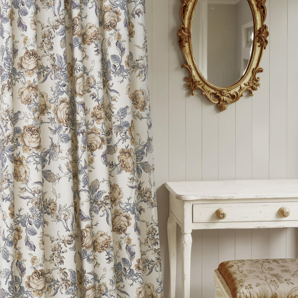 Light Beige Printed Floral Velvet Curtains 84 Inches 2 Panels