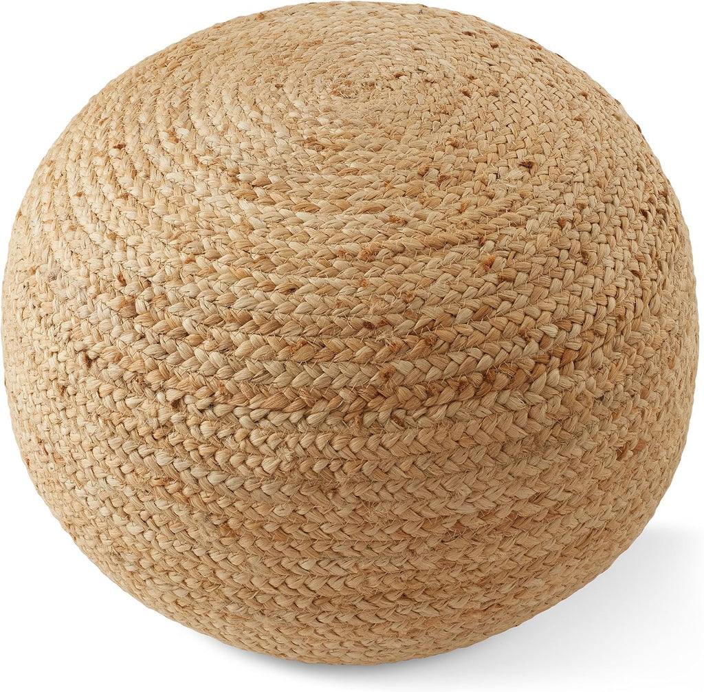 Hand-Braided Jute Pouf Ottoman Footrest, 19" W x 19" D x 10-1/2" H - Round, Natural Woven Boho Floor Cushion, Home