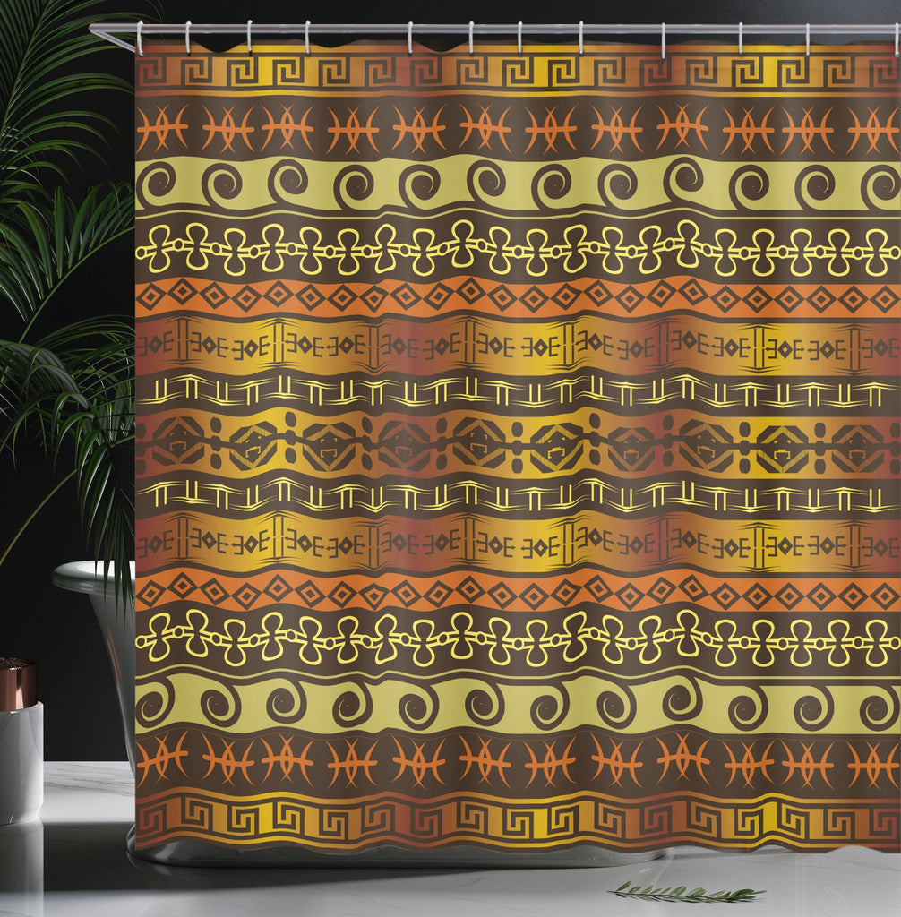 Prehistoric Shower Curtain, Indigenous Geometric Motifs Ornament Traditional Tribal, Cloth Fabric Bathroom Decor Set