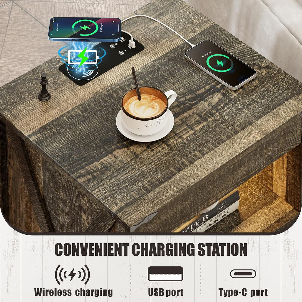 Rustic Nightstand with Gun Drawer, End Table with Charging Station, LED Bedside Table with Human Sensor Light, Rattan
